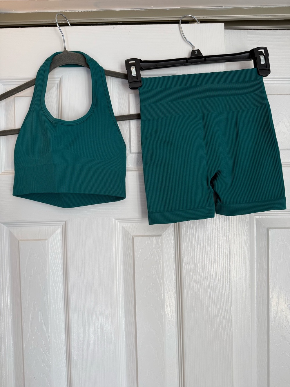Amazon Women’s Teal Ribbed Sports Bra & High-Waist Bike Shorts Set